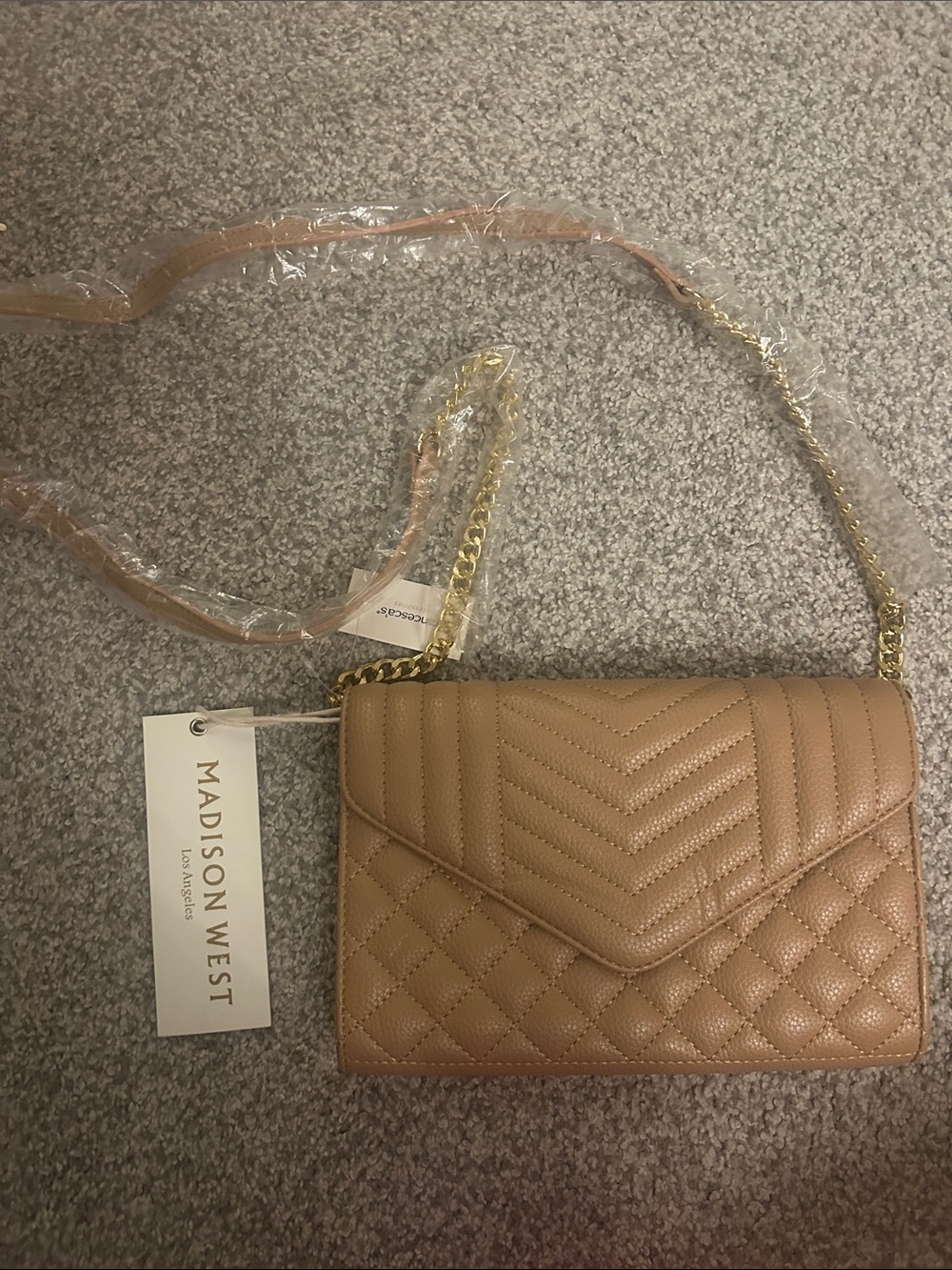 Madison West Quilted Crossbody in Camel/Tan with Gold Chain